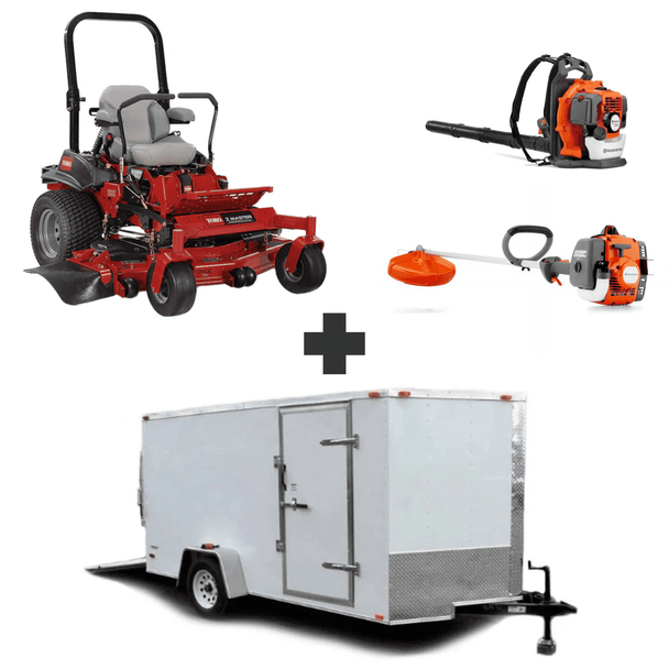 Toro 72921 60" rear discharge mower with 7x12 enclosed trailer, Husqvarna 150BT blower, and 122L string trimmer bundle.