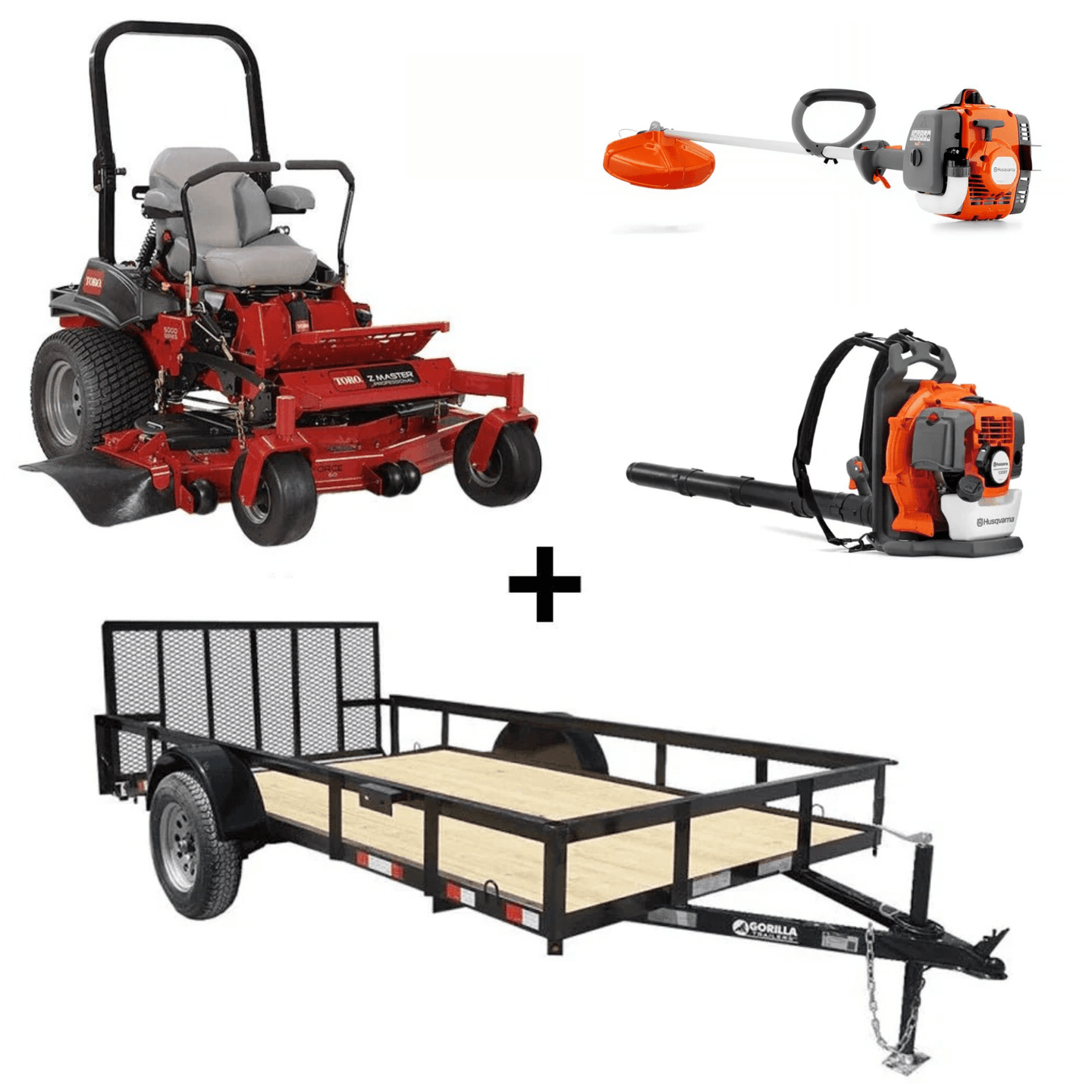 Toro 72921 60" rear discharge mower with 6.4x12 utility trailer, Husqvarna 150BT blower, and 122L string trimmer bundle.