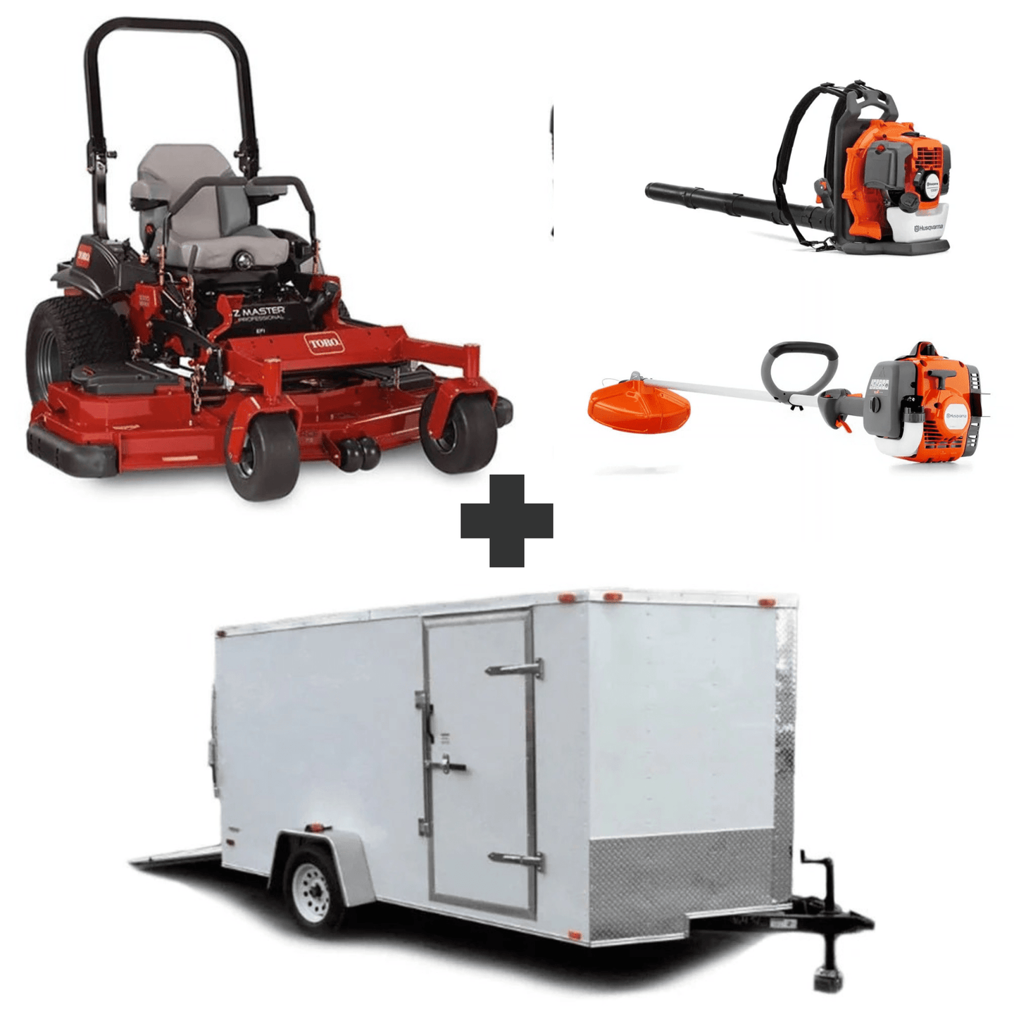 Toro 72922 72" rear discharge mower with 8.5x12 enclosed trailer, Husqvarna 150BT blower, and 122L string trimmer bundle.