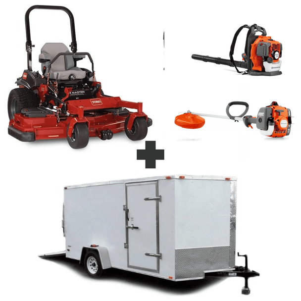 Toro 72922 72" rear discharge mower with 8.5x12 enclosed trailer, Husqvarna 150BT blower, and 122L string trimmer bundle.