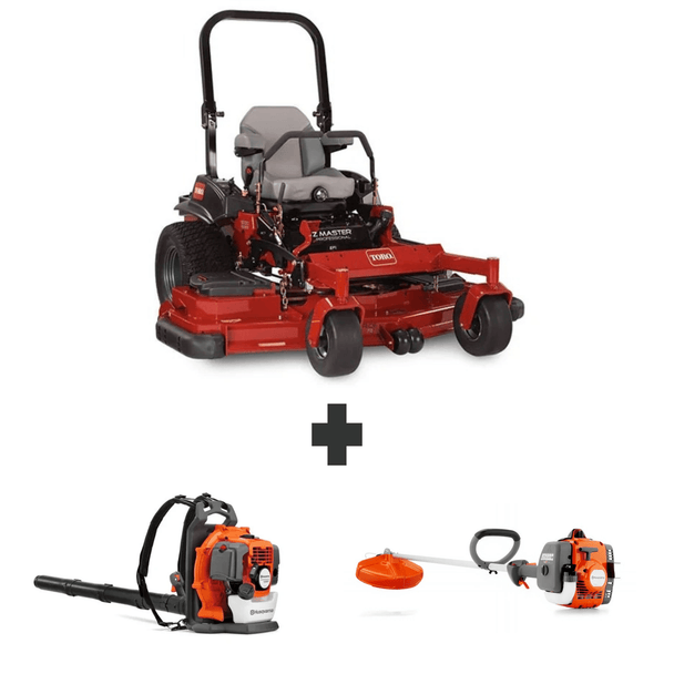 Toro 72922 72" rear discharge mower with 6.4x12 utility trailer, Husqvarna 150BT blower, and 122L string trimmer bundle.