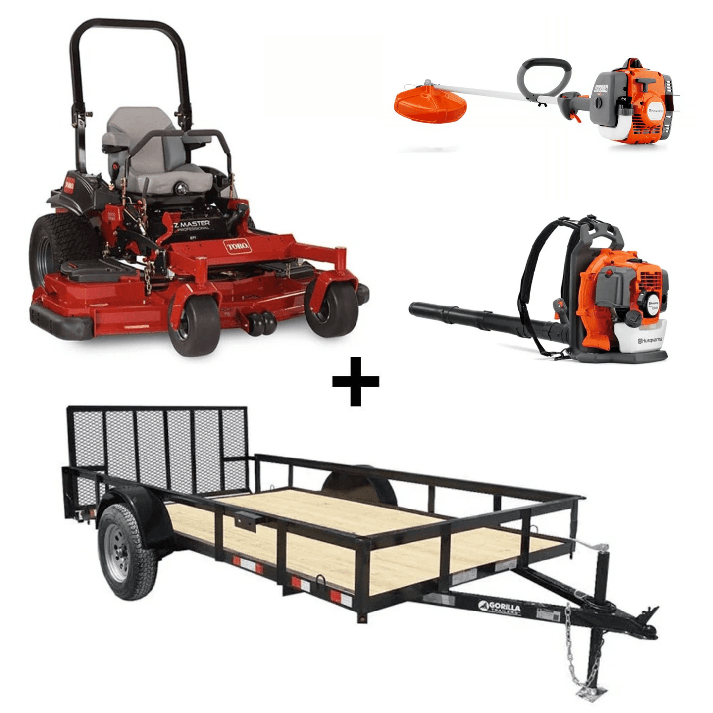 Toro 72" ZMaster mower bundle with trailer, blower, and trimmer for mowing, transport, and cleanup tasks.