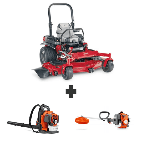 Toro 60" ZMaster mower with blower and trimmer for mowing, debris clearing, and trimming tasks.