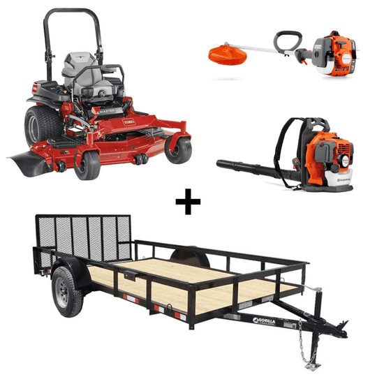 Toro 72" 6000 Series mower bundle with utility trailer, blower, and trimmer for mowing, transport, and cleanup.