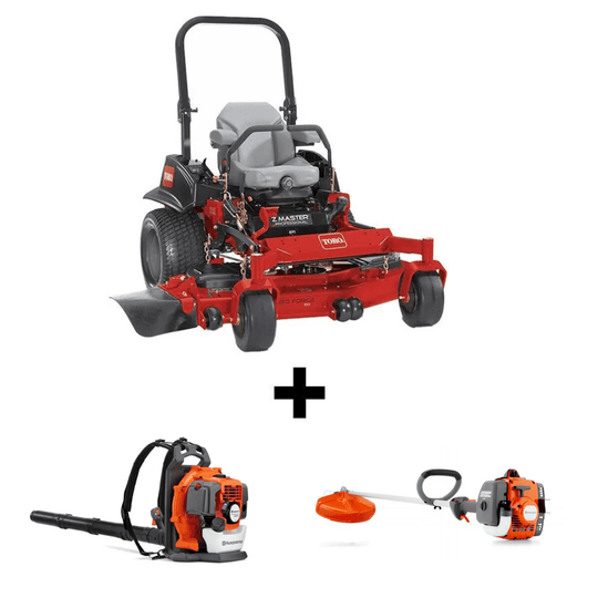Toro 60" 5000 Series mower with blower and trimmer for mowing, debris clearing, and trimming tasks.