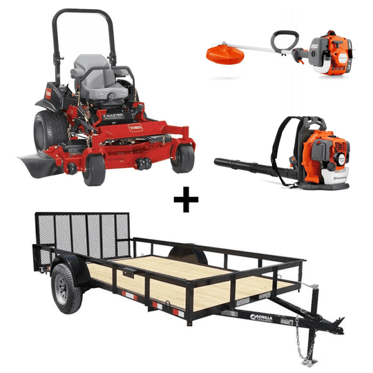 Toro 60" 5000 Series mower bundle with utility trailer, blower, and trimmer for mowing, transport, and cleanup.