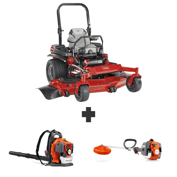Toro 60" 6000 Series 34HP mower with blower and trimmer for mowing, debris clearing, and trimming tasks.