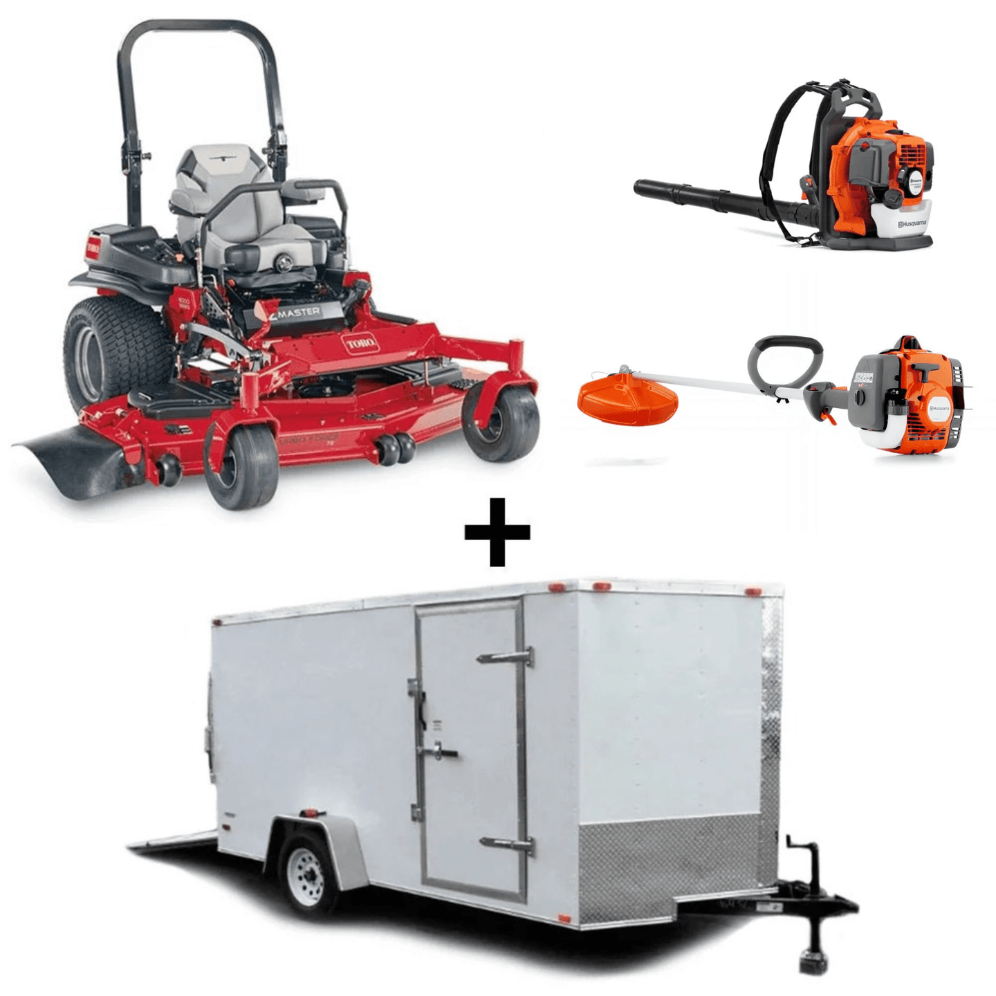 Toro 72" ZMaster 38HP mower bundle with enclosed trailer, blower, and trimmer for mowing, transport, and cleanup.