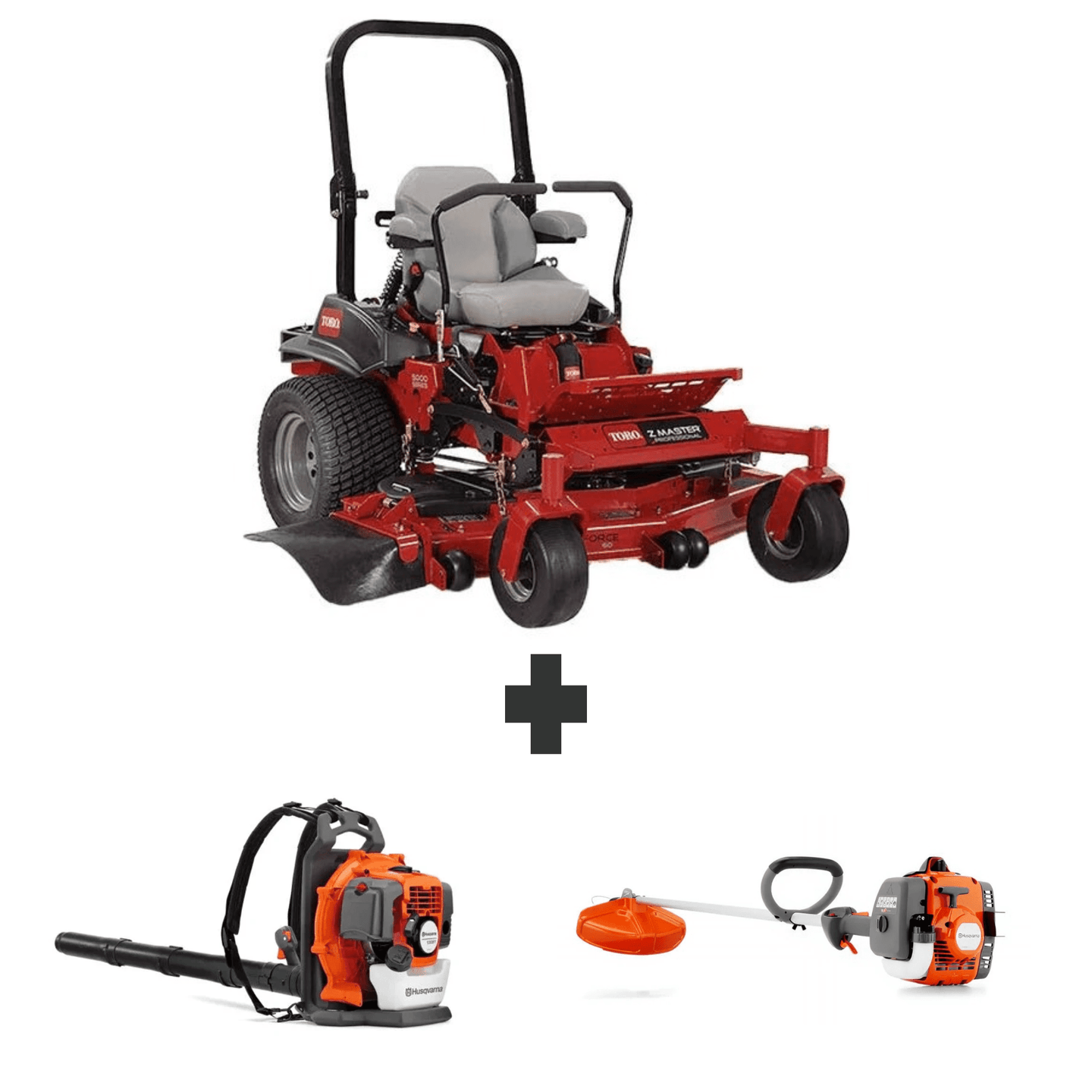 Toro 60" MyRide mower with blower and trimmer for mowing, debris clearing, and trimming tasks.