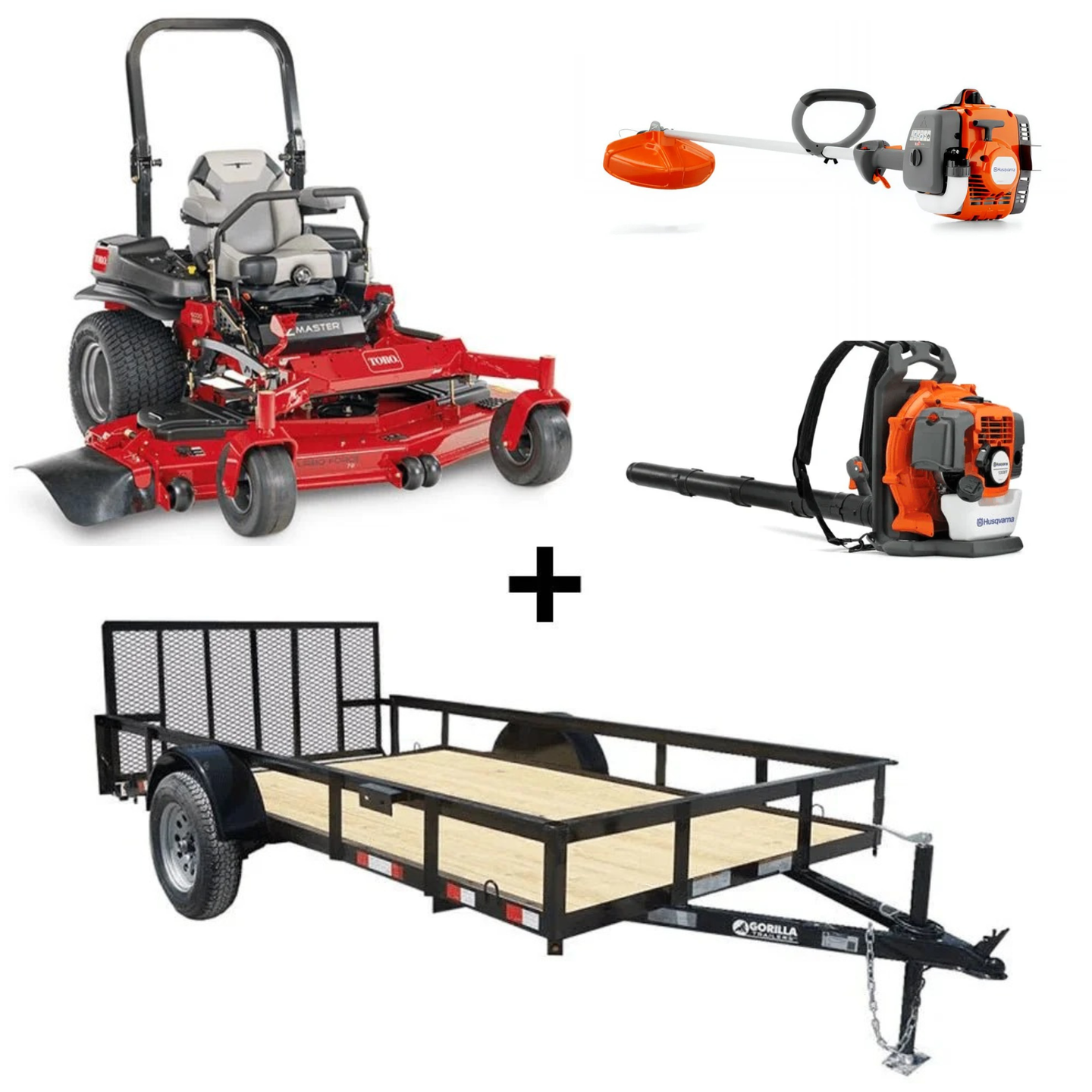 Toro 60" MyRide mower bundle with utility trailer, blower, and trimmer for mowing, transport, and cleanup.