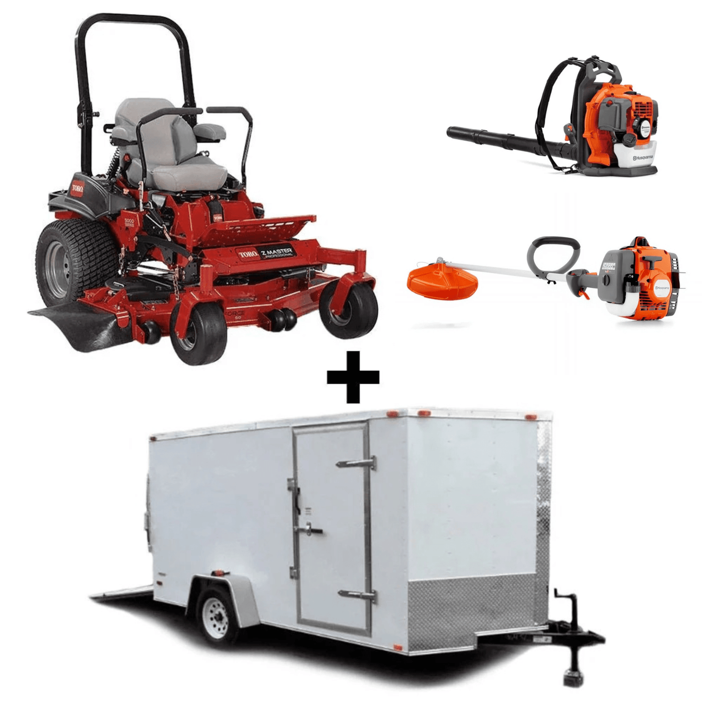Toro 52" MyRIDE mower bundle with enclosed trailer, blower, and trimmer for mowing, transport, and cleanup.