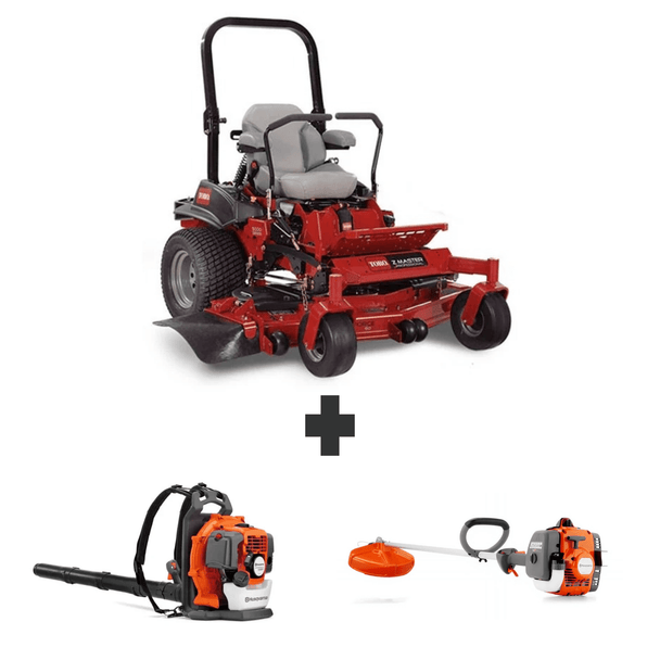 Toro 52" MyRIDE mower with blower and trimmer for mowing, debris clearing, and trimming tasks.