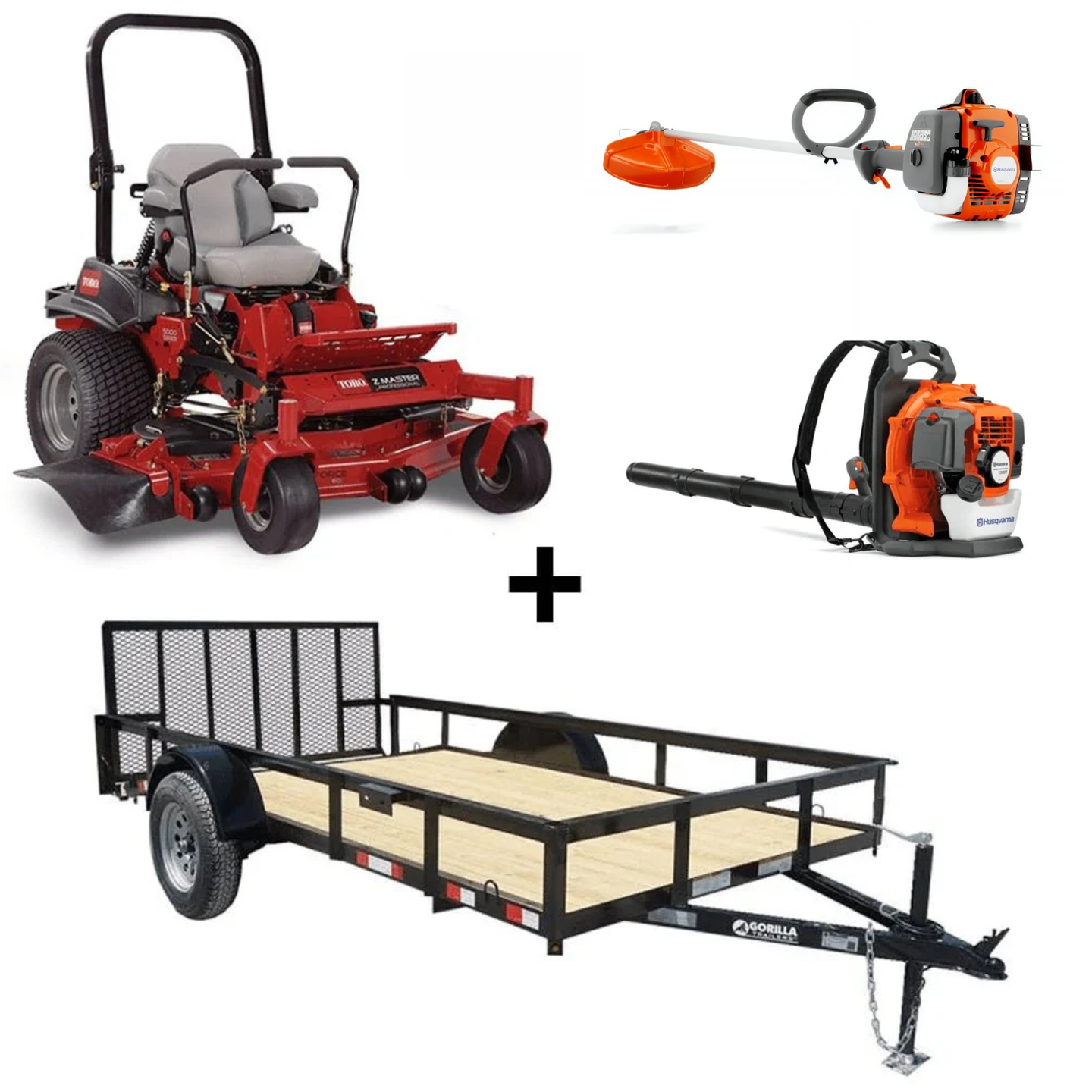Toro 52" MyRIDE mower bundle with utility trailer, blower, and trimmer for mowing, transport, and cleanup.