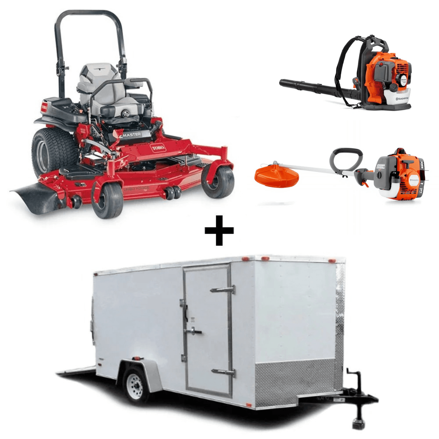 Toro 60" Z-Master 6000 mower bundle with enclosed trailer, blower, and trimmer for mowing, transport, and cleanup.