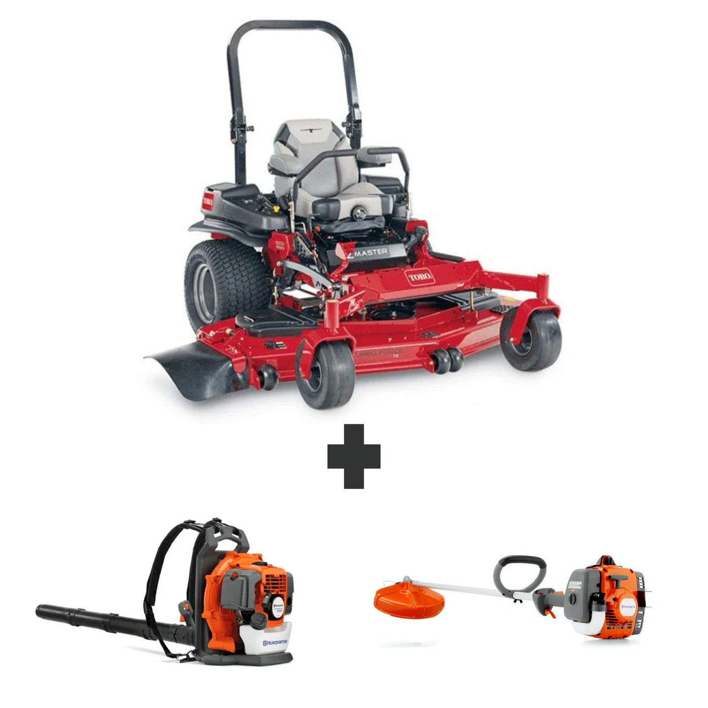 Toro 60" Z-Master 6000 mower with blower and trimmer for mowing, debris clearing, and trimming tasks.