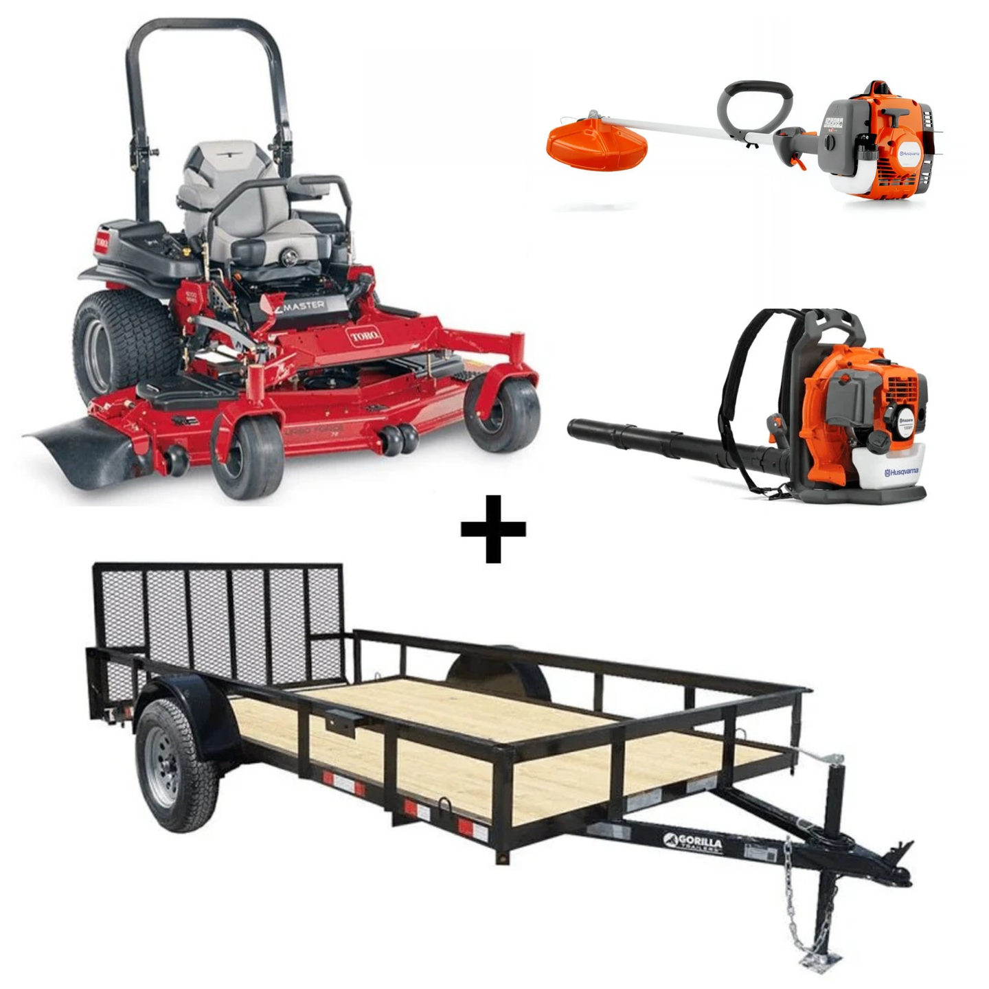 Toro 60" Z-Master 6000 mower bundle with utility trailer, blower, and trimmer for mowing, transport, and cleanup.