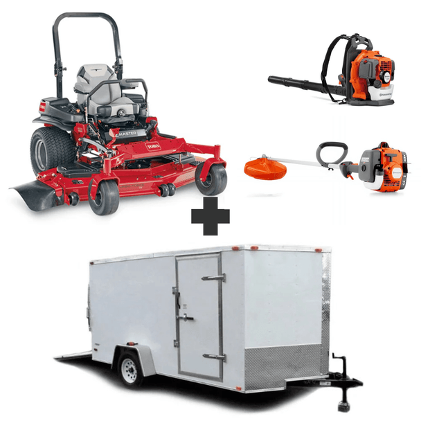 Toro 72" ZMaster 6000 mower bundle with enclosed trailer, blower, and trimmer for mowing, transport, and cleanup.