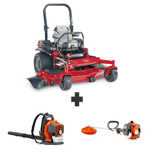 Toro 72" ZMaster 6000 mower with blower and trimmer for mowing, debris clearing, and trimming tasks.