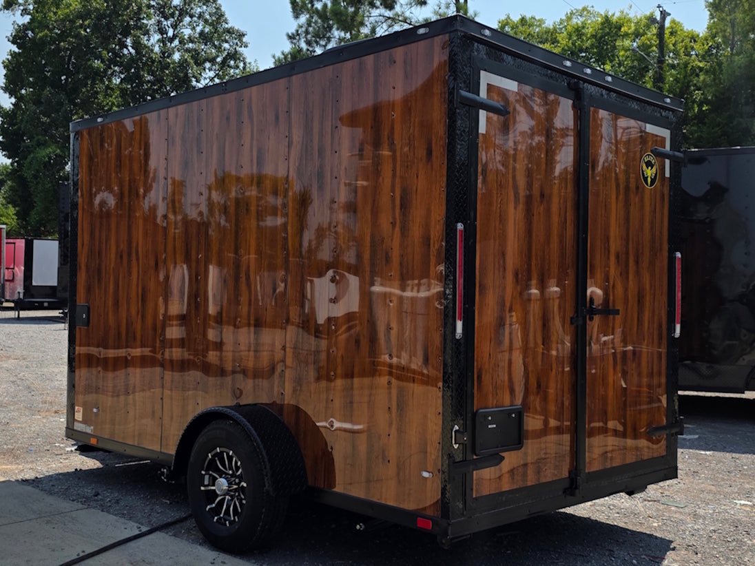 7' X 12' Concession Trailer Woodgrain With Blackout Trim Food Event Catering Back left angle picture 