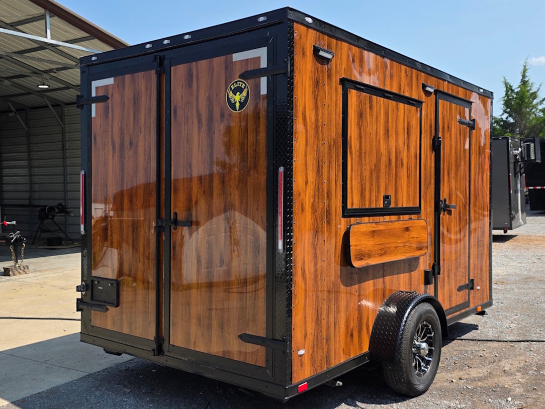 7' X 12' Concession Trailer Woodgrain With Blackout Trim Food Event Catering Back right angle picture 