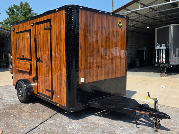 7' X 12' Concession Trailer Woodgrain With Blackout Trim Food Event Catering Front left angle picture 