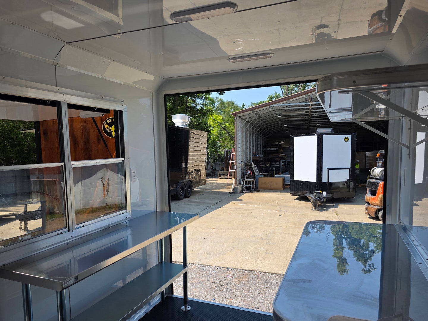 7' X 12' Concession Trailer Woodgrain With Blackout Trim Food Event Catering Interior front right angle picture 