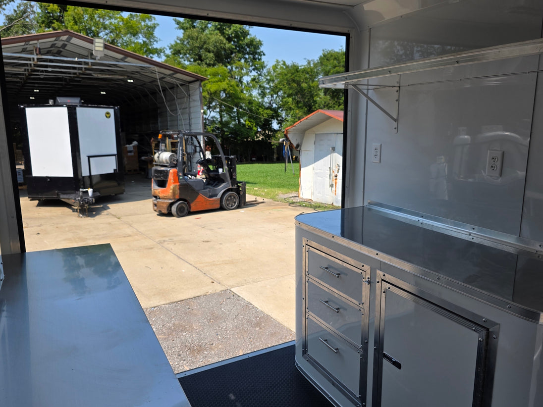 7' X 12' Concession Trailer Woodgrain With Blackout Trim Food Event Catering Interior front left angle picture 