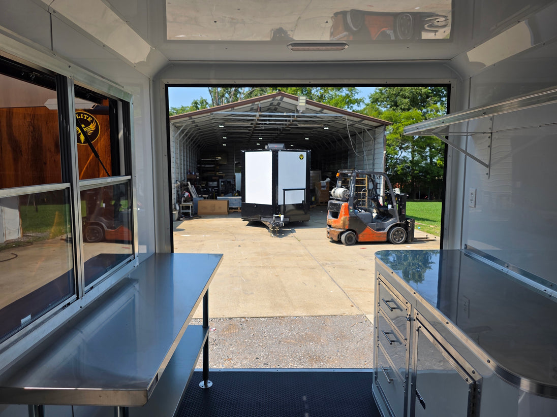 7' X 12' Concession Trailer Woodgrain With Blackout Trim Food Event Catering Interior front side picture 