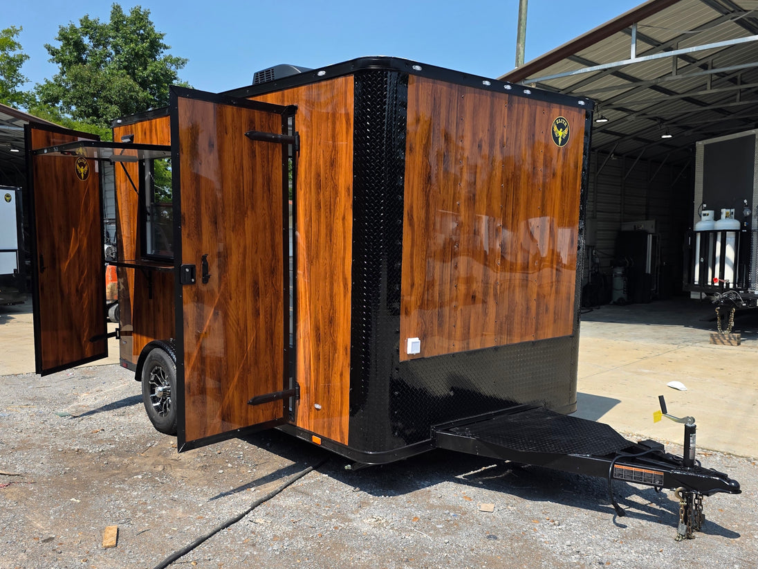 7' X 12' Concession Trailer Woodgrain With Blackout Trim Food Event Catering Open front left angle picture 