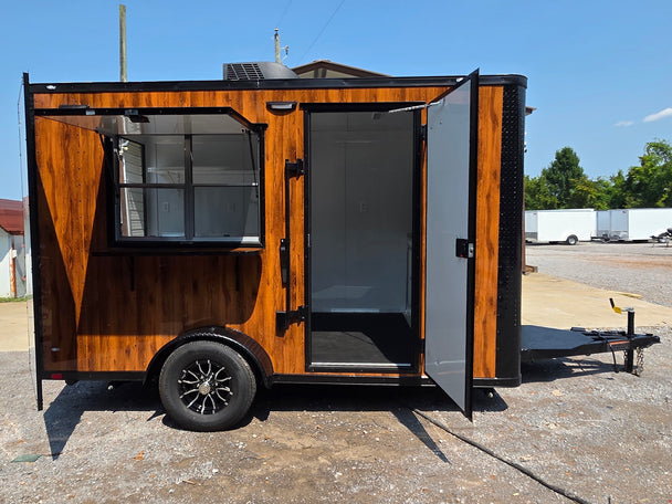 7' X 12' Concession Trailer Woodgrain With Blackout Trim Food Event Catering Open left side picture