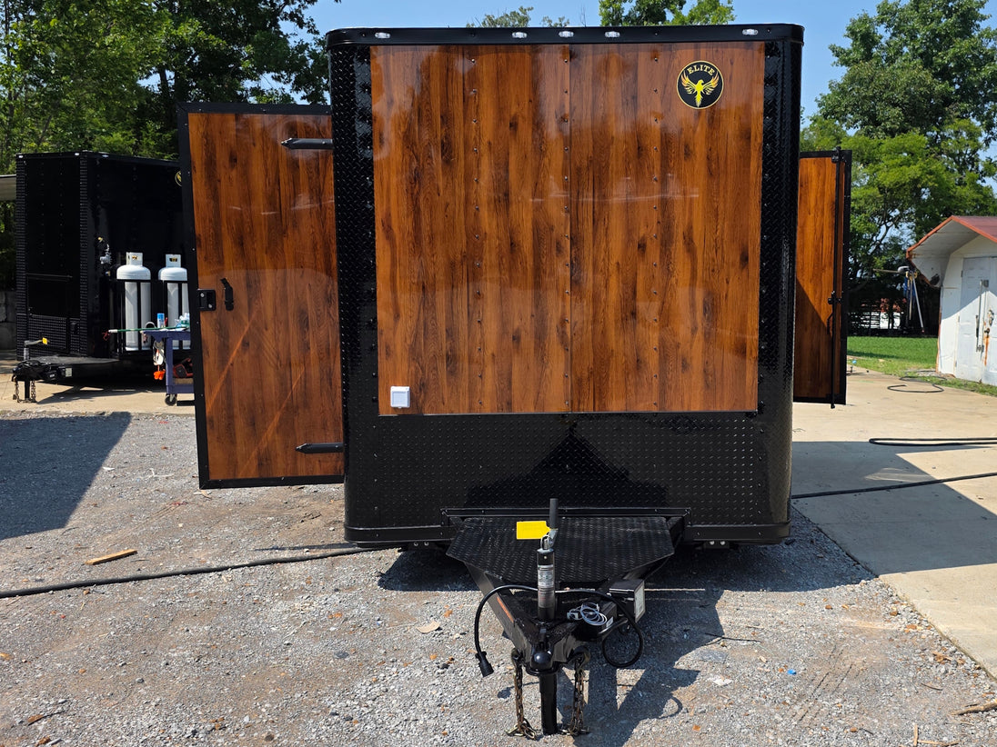 7' X 12' Concession Trailer Woodgrain With Blackout Trim Food Event Catering Open front side picture 