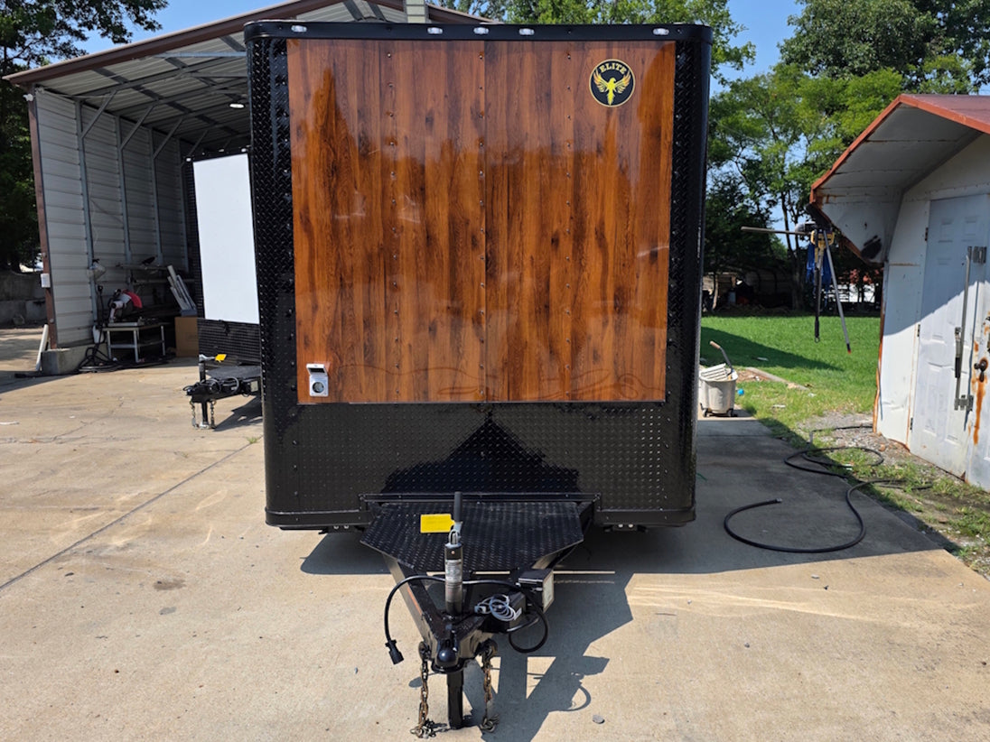 7' X 12' Concession Trailer Woodgrain With Blackout Trim Food Event Catering front side picture 