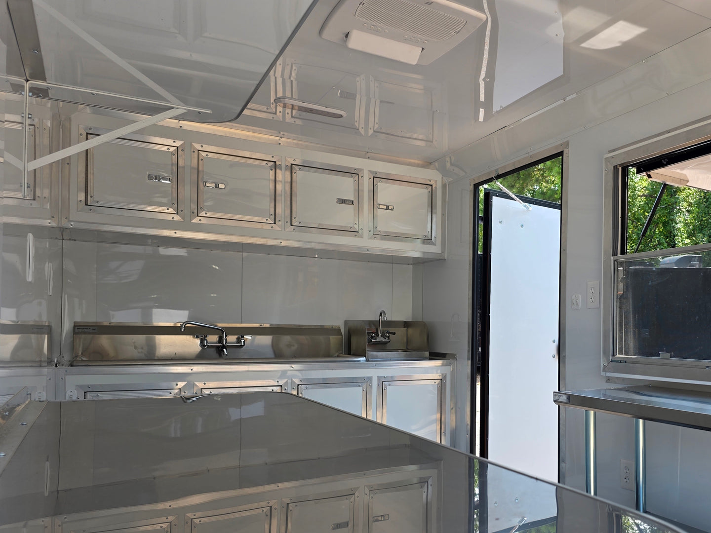 7' X 12' Concession Trailer Woodgrain With Blackout Trim Food Event Catering Interior back left angle picture 