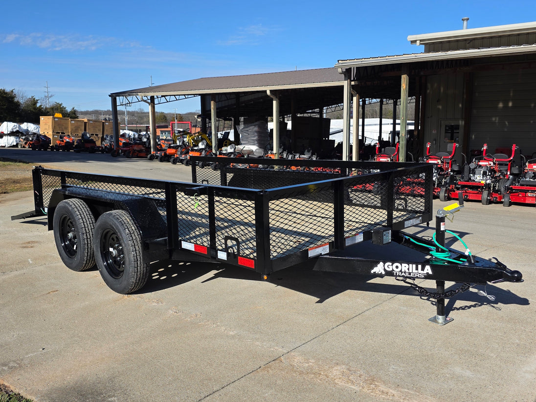 7' X 12' Straight Deck Utility Trailer 18IN Mesh Sides Double Axle 7K GVWR front left angled view picture with ramp down 