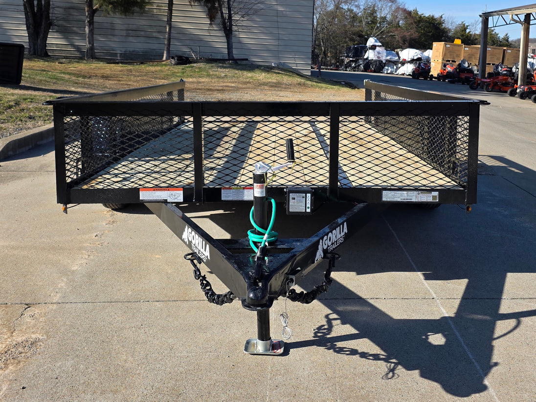 7' X 12' Straight Deck Utility Trailer 18IN Mesh Sides Double Axle 7K GVWR front view picture with ramp down 