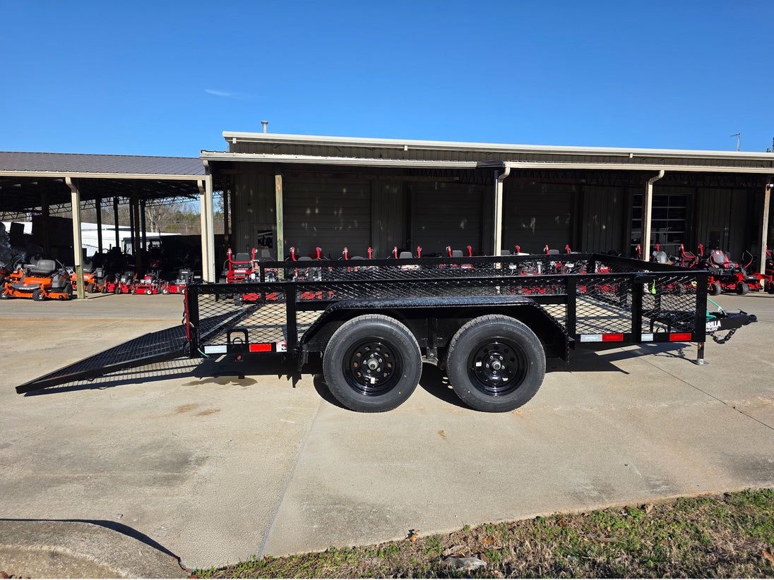 7' X 12' Straight Deck Utility Trailer 18IN Mesh Sides Double Axle 7K GVWR left side view picture with ramp down 