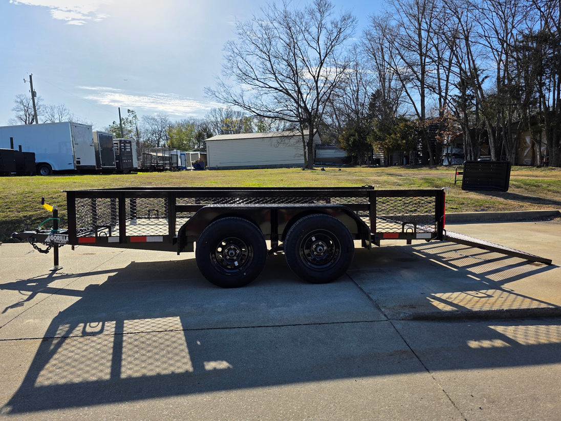 7' X 12' Straight Deck Utility Trailer 18IN Mesh Sides Double Axle 7K GVWR right side view picture with ramp down 