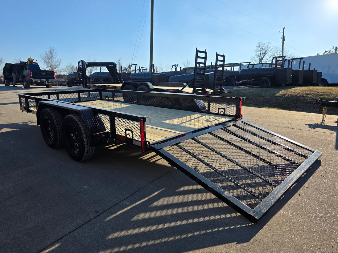 7 X 14 Straight Deck Utility Trailer With 12" Mesh Sides (2) 3,500lb Axles back left angled view picture with ramp down