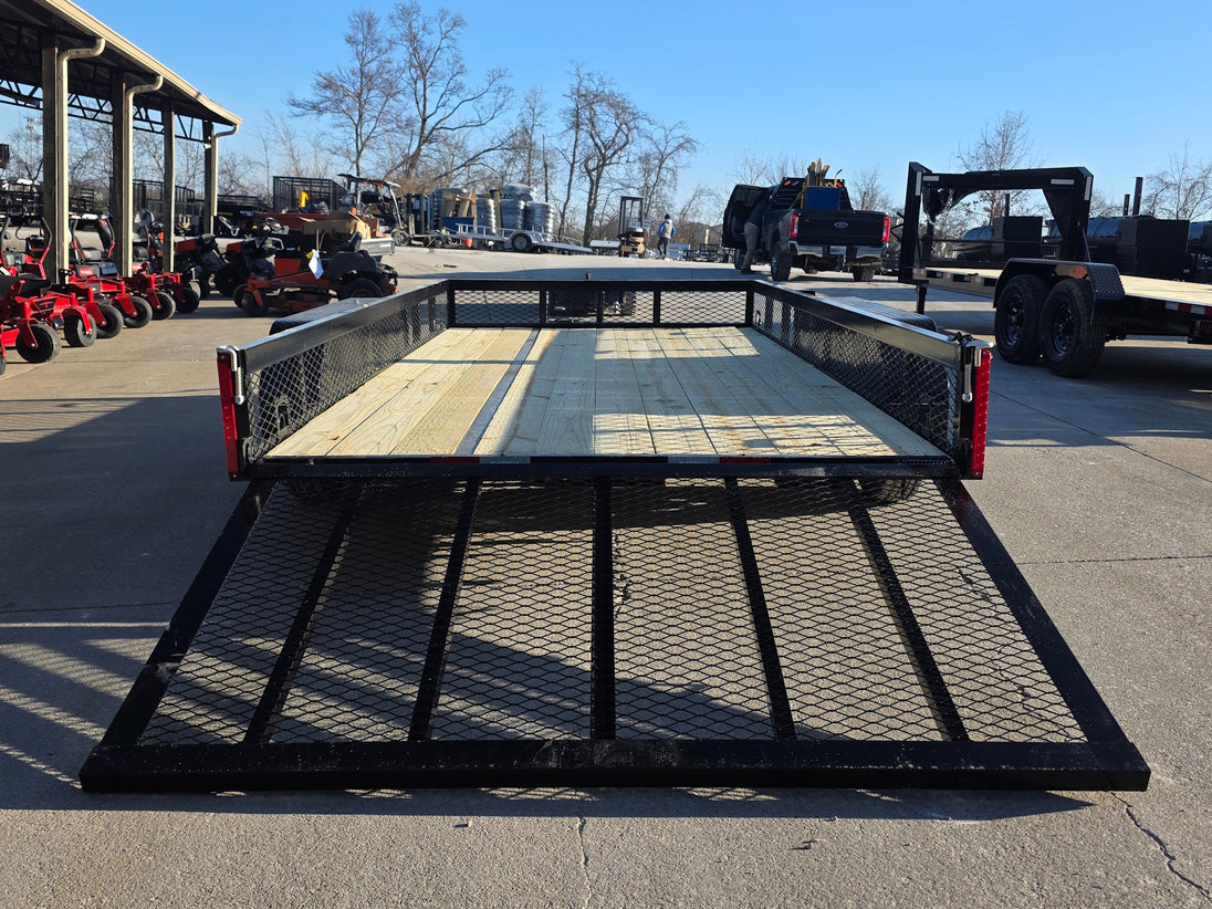 7 X 14 Straight Deck Utility Trailer With 12" Mesh Sides (2) 3,500lb Axles back right view picture with ramp down 