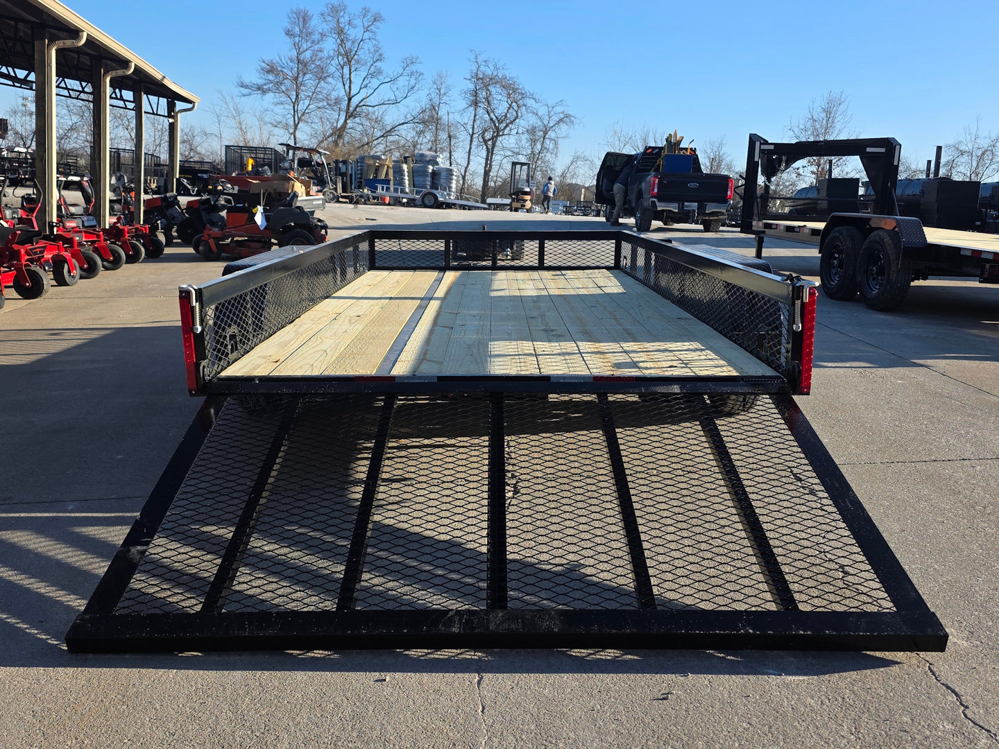 7 X 14 Straight Deck Utility Trailer With 12" Mesh Sides (2) 3,500lb Axles back right view picture with ramp down 