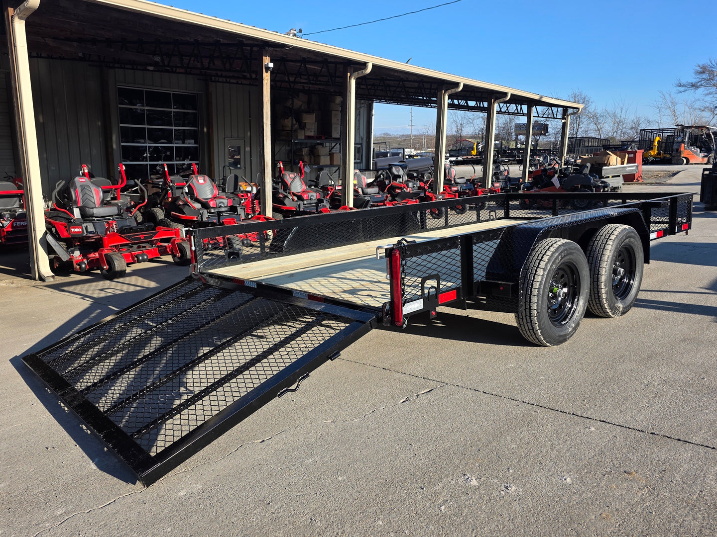 7 X 14 Straight Deck Utility Trailer With 12" Mesh Sides (2) 3,500lb Axles back right view picture with ramp down 