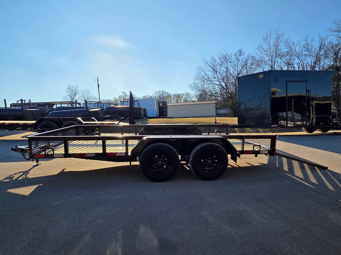 7 X 14 Straight Deck Utility Trailer With 12" Mesh Sides (2) 3,500lb Axles right side view picture with ramp down 