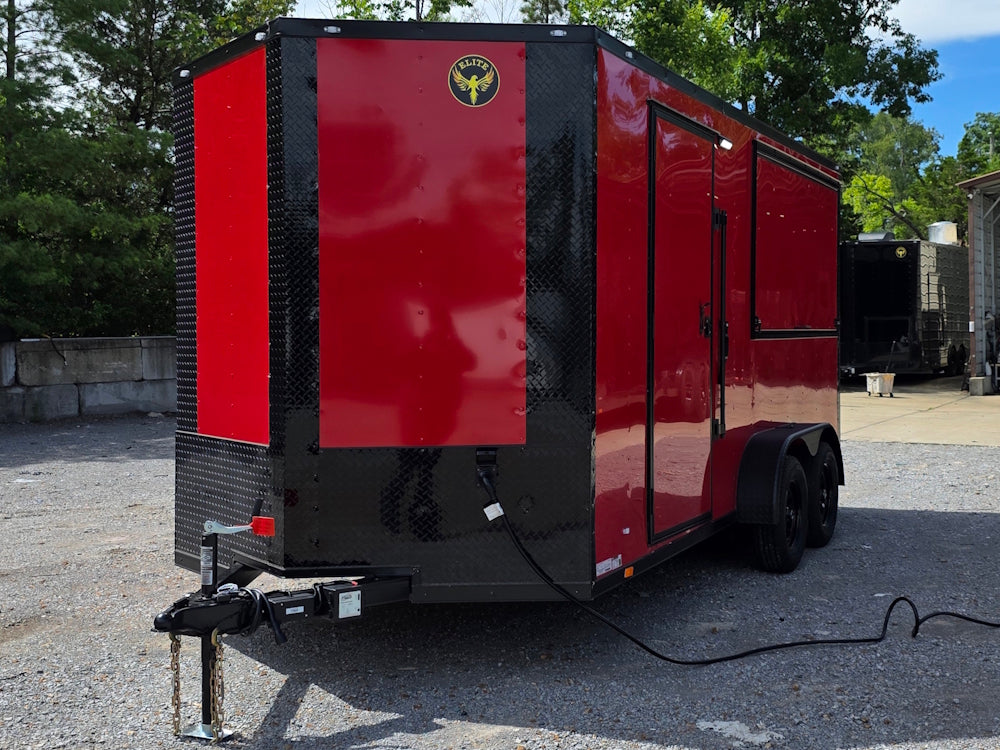 7' X 16' Concession Trailer Victory Red BBQ Event and Catering Front right angle picture 