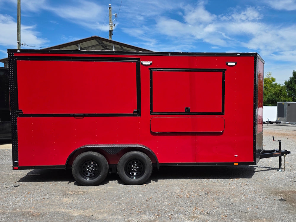 7' X 16' Concession Trailer Victory Red BBQ Event and Catering Left side picture 