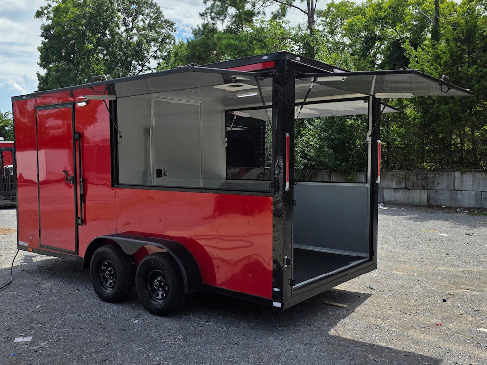 7' X 16' Concession Trailer Victory Red BBQ Event and Catering Back left angle picture 