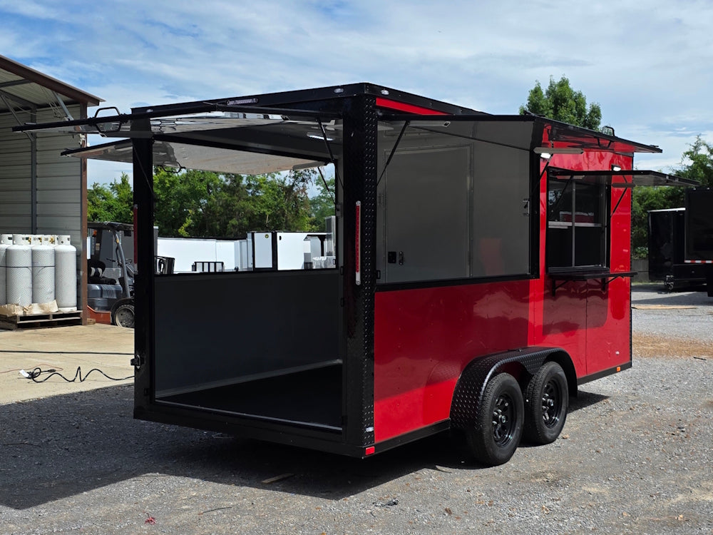 7' X 16' Concession Trailer Victory Red BBQ Event and Catering Back right angle picture 