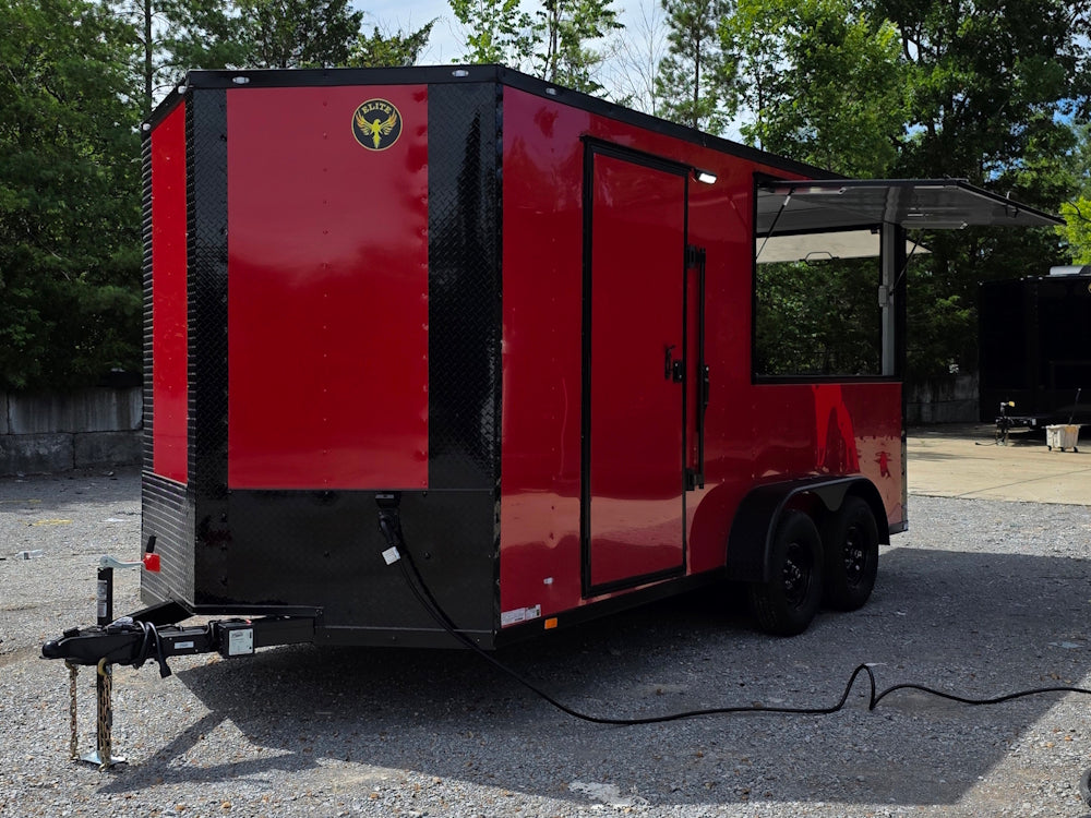 7' X 16' Concession Trailer Victory Red BBQ Event and Catering Front right angle picture