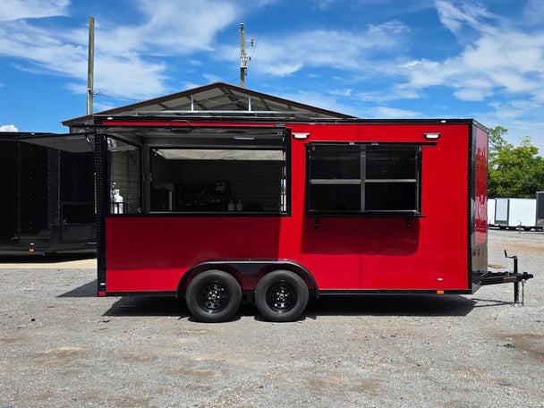 7' X 16' Concession Trailer Victory Red BBQ Event and Catering Open_ Left side picture 