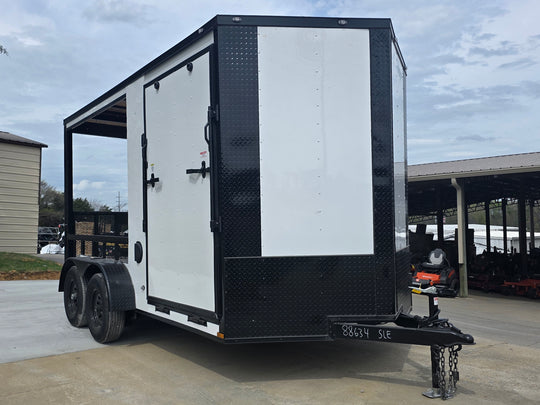 7x14 White Custom Enclosed Trailer with 6' Gate Front left angle picture 
