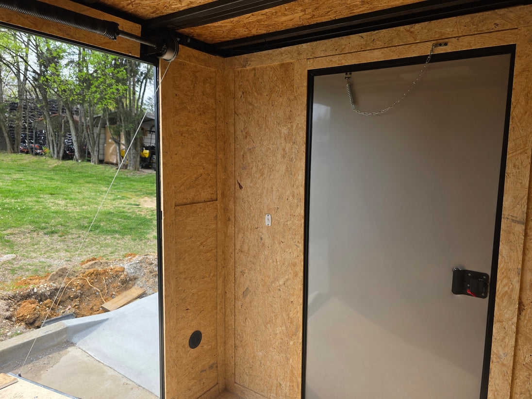 7x14 White Custom Enclosed Trailer with 6' Gate Interior front right angle picture 